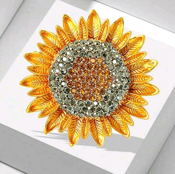 Sunflower Rhinestone Brooch Pin Gold and Black - Picture 6 of 6